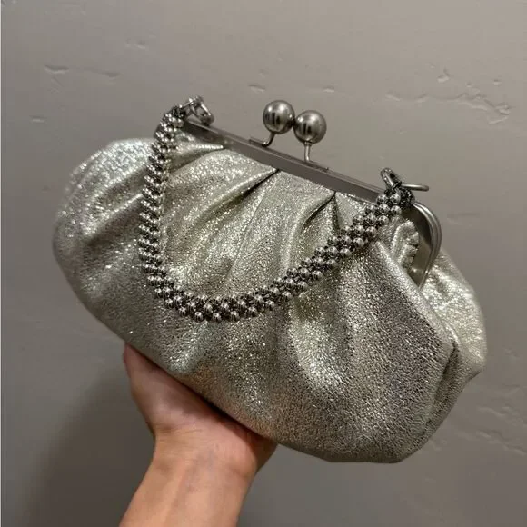 Silver Glitter Sheepskin Handmade Kisslock Slouchy Clutch/Wristlet/Crossbody